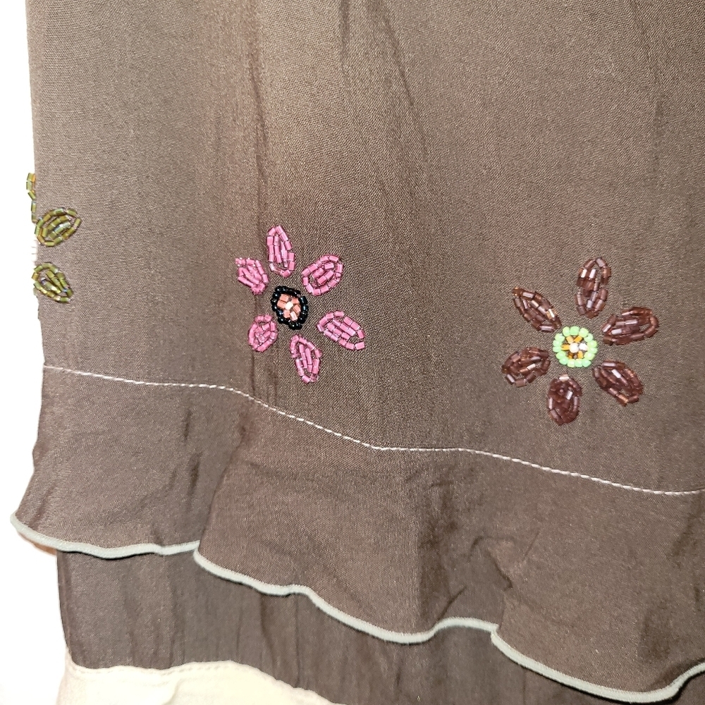Cordelia Tiered Boho Flower Beaded Brown And Tan Maxi Skirt Size S Cottage core - Picture 6 of 8
